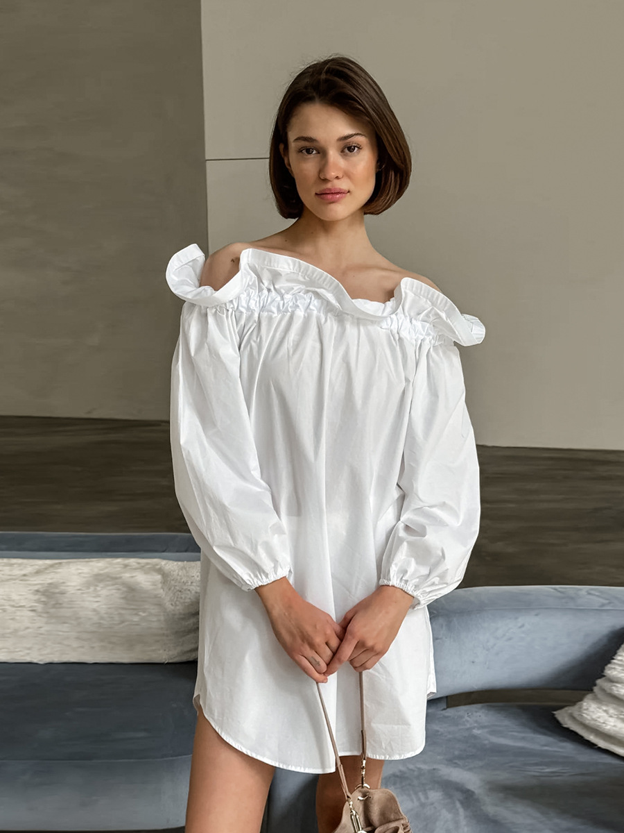 2024 autumn Joker white cotton sexy off-shoulder collar loose long sleeve new dress foreign trade wholesale