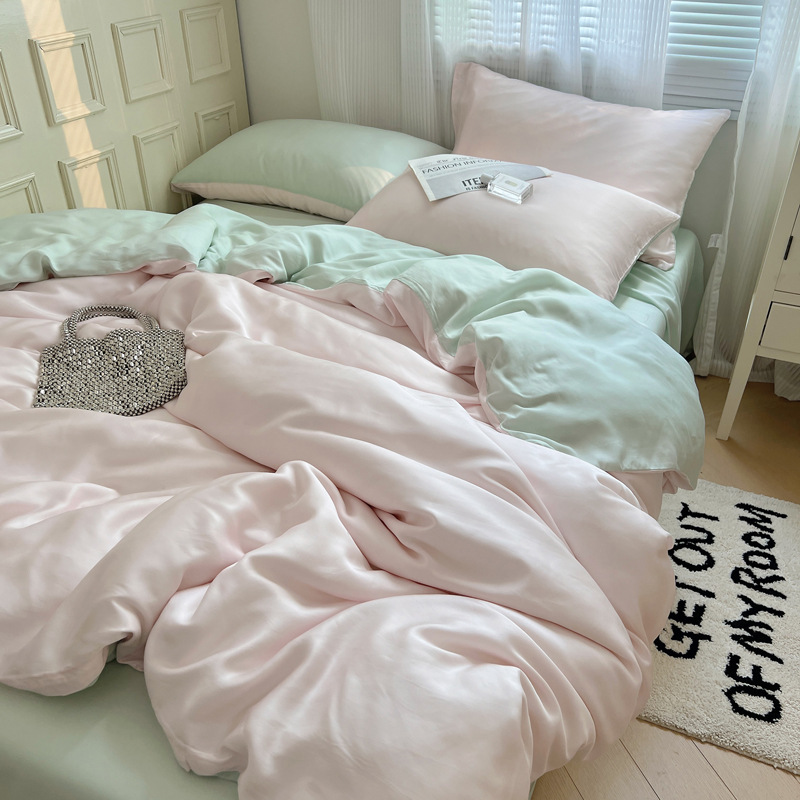 Picture of Summer Light Luxury Solid Color Ice Silk Four-piece Set Class A Cool Bed Sheet Quilt Cover Dormitory Three-piece Set Bed Cover Gift for Hair 4