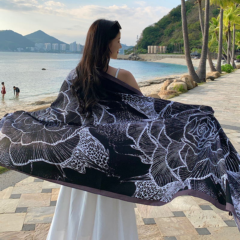 Picture of New black big flower fashion travel photo big shawl summer holiday sunscreen beach towel outside silk scarf