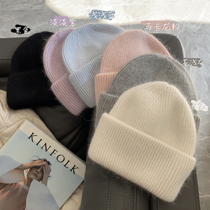 Korean Winter Knitted Hat with Large Brim for Women, Windproof Pullover Round-Top Adult Rabbit Fur Wool Hat