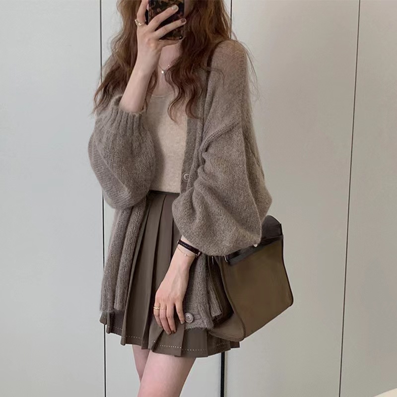 Picture of Mid-Length Lantern Sleeve Mohair Knitted Cardigan Jacket Women's Top Loose Lazy Thin Shawl Outer Top
