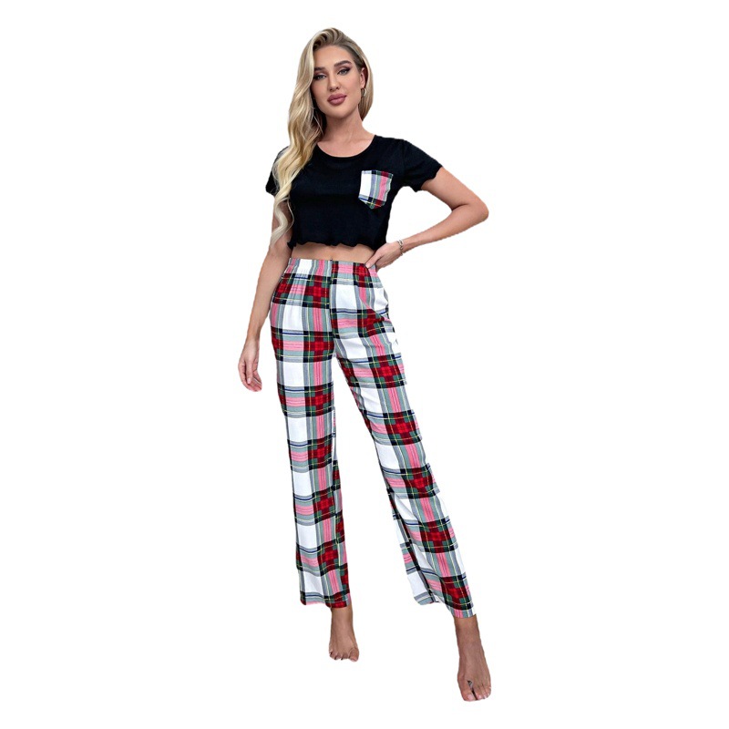 Amazon European and American Pajamas for Women Spring and Summer Short-Sleeved Plaid Trousers Home Clothes Set Cross-Border Independent Station Aliexpress