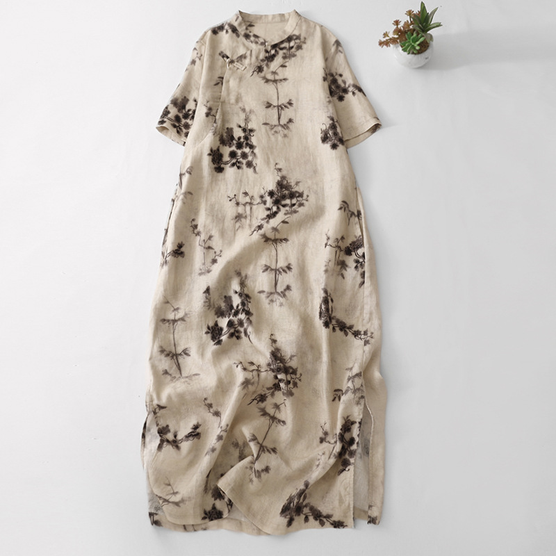 Real Shot 2024 Summer New Chinese National Style Printed Loose plus size Women's Wear Slimming Modified Cheongsam Linen dress