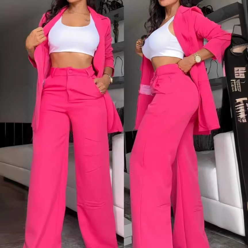 Picture of Cross-Border 2024 European and American Export Summer Women's Clothing Elegant Pure Color Slit Sleeves Lapel Suit Straight Pants Suit for Women