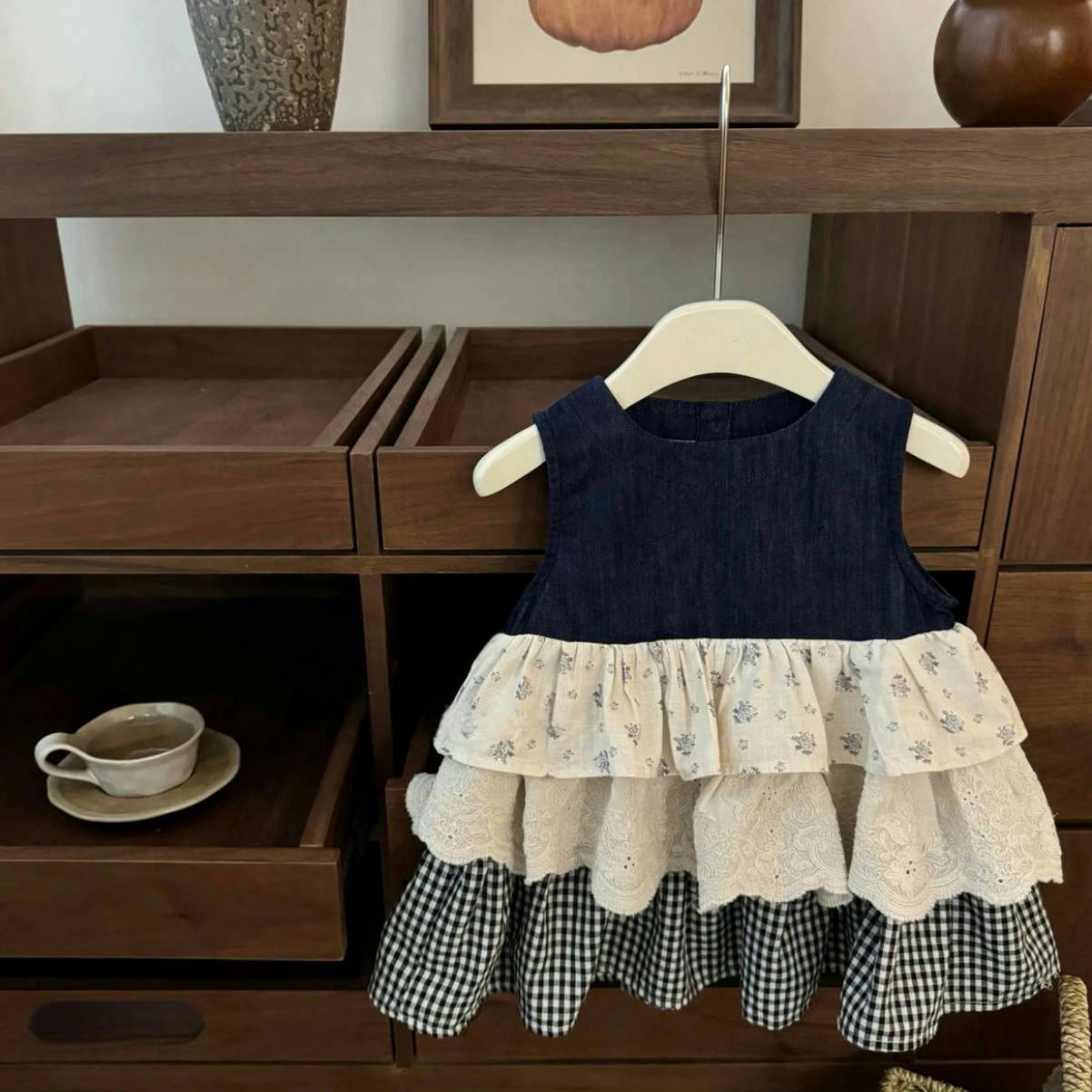 Girls' Spring and Summer 2025 New Mori Style Baby Girl's Floral Plaid Stitching Cake Skirt Spring dress Princess Dress