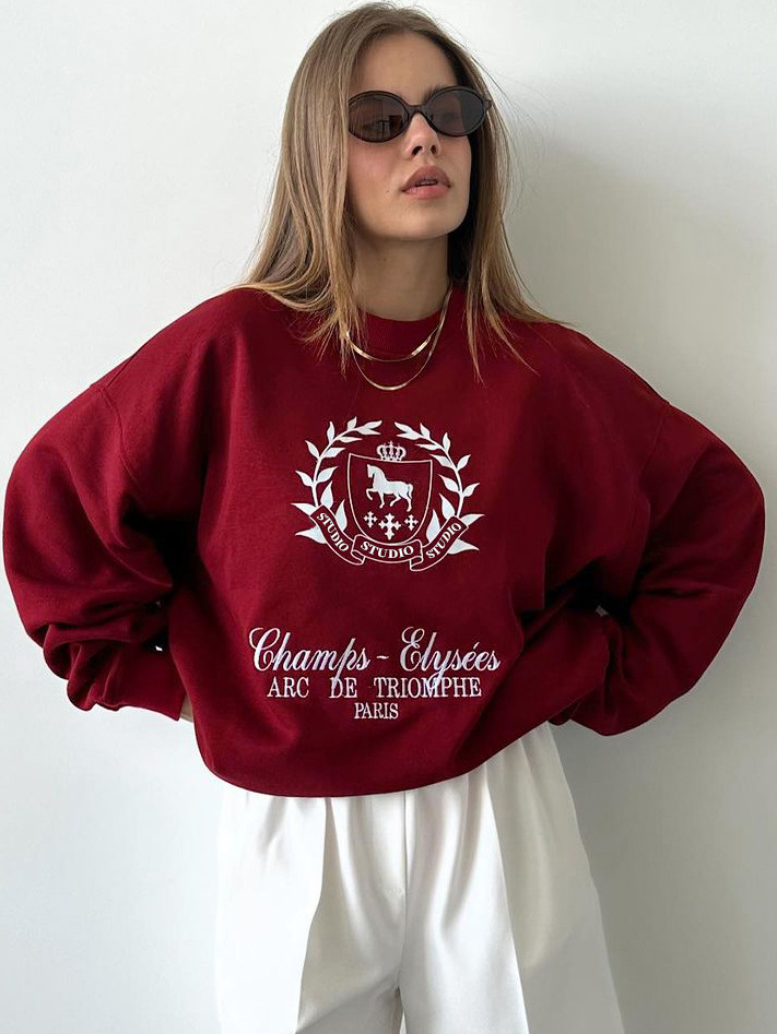 2025 Spring New Ancora Red Round Neck Women's Pullover Printed Sweat European and American Fashion New Loose Top