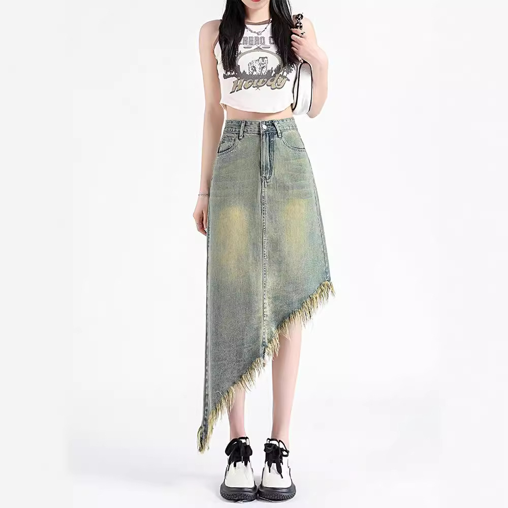 Distressed Retro Tassel Denim Skirt Women's Summer 2024 New Arrival Irregular Fringe Design A- Line Denim Skirt