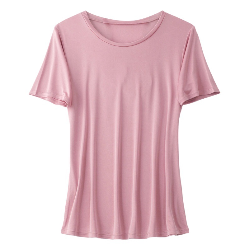 Summer New Mulberry Silk Short-Sleeved Women's Plus Size Round Neck Silk Loose Breathable Simple Thin Short-Sleeved Top