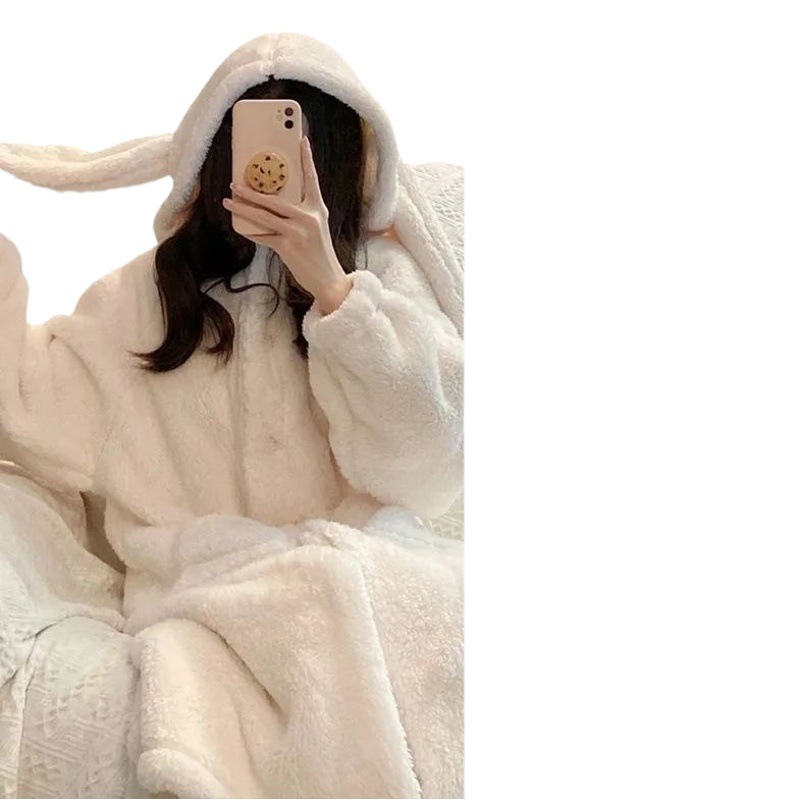 Solid color long ears nightgown bathrobe pajamas women's autumn and winter flannel sweet student hooded coral fleece homewear