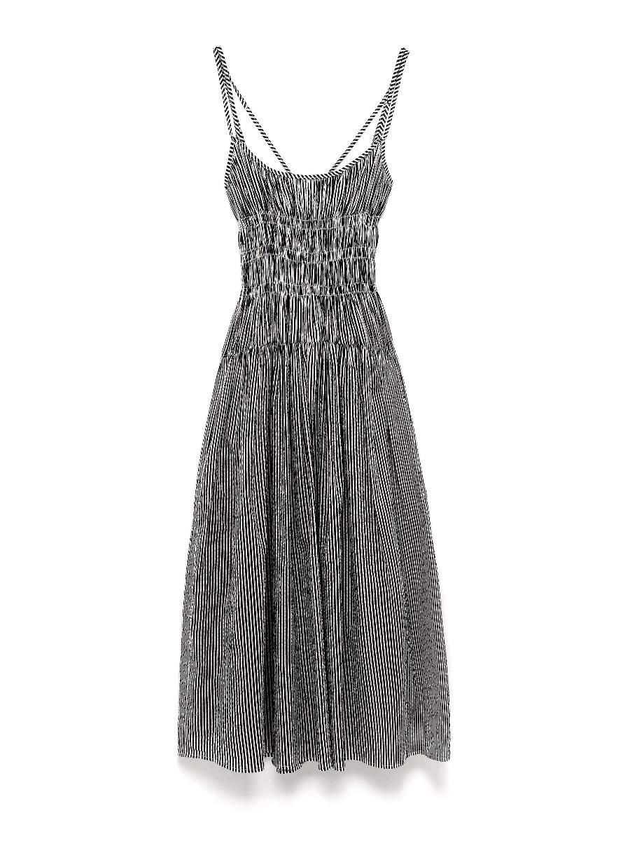 Picture of Amazon 2025 Striped Cotton Mid-Length Dress with Adjustable Straps, Backless Cross-Over Three-Row Pleated Lace-Up