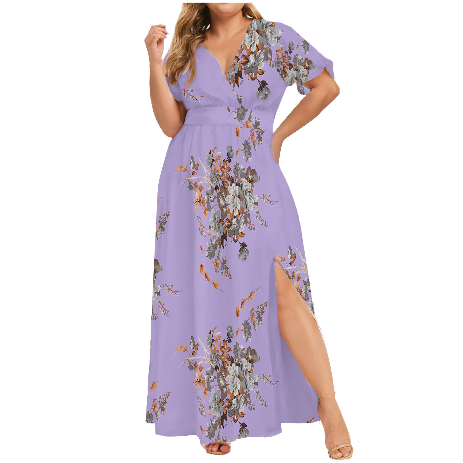 Picture of 2024 European and American Cross-Border Dress Summer New Plus Size Women's Printed Hem Slit Printed Short-Sleeved Dress