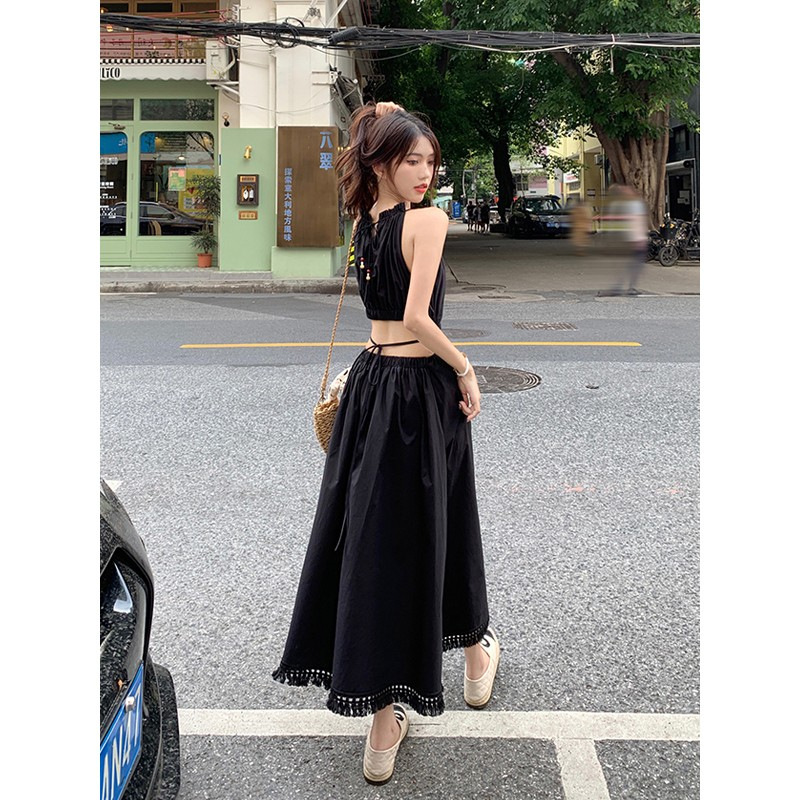Neck Hanging Sling dress Children's Summer Design Sense Hollow-out Open-waist Slimming Elegant Seaside Beach Holiday Dress