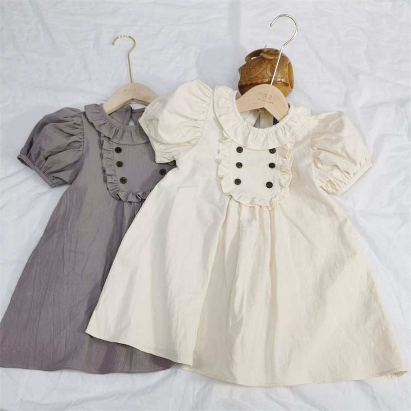 Korean Style Ins Girls Summer Dress Girls Korean Style Fry Edge Lapel Puff Sleeves Sweet and Cute Baby Doll Dress