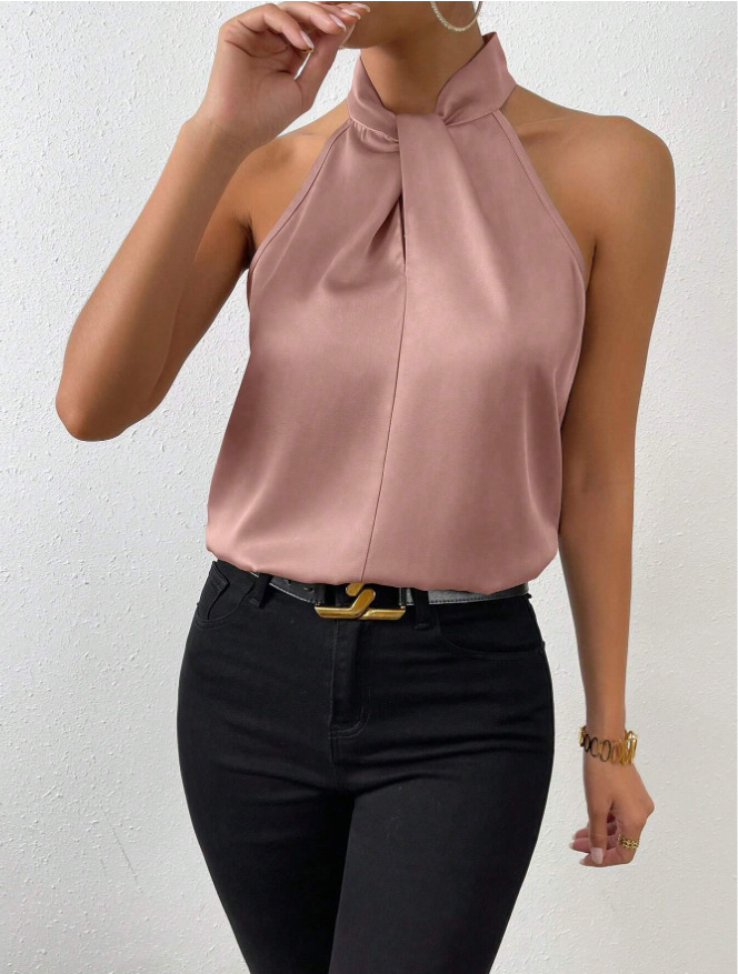 Picture of 2025 New Summer European and American Clothing Satin Halterneck Sleeveless Vest Satin Imitation Silk Top Wholesale in Stock
