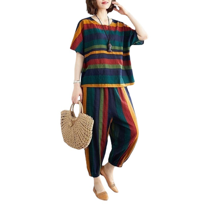 Amazon Fashion Suit Women's Western Style Summer wish New Loose Retro Striped Short-sleeved Casual Two-piece Fashionable Suit
