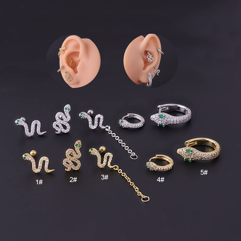 Thin stainless steel fashion green eyes zircon snake ear bone nail ear buckle Europe and the United States popular foreign trade puncture earrings single