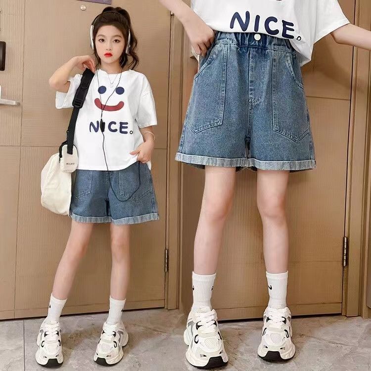 Girls' Jeans 2025 New Arrival Loose Western Style Children's Korean Style Mid-Big Children's Summer Shorts Roll-up Large Pocket Pants