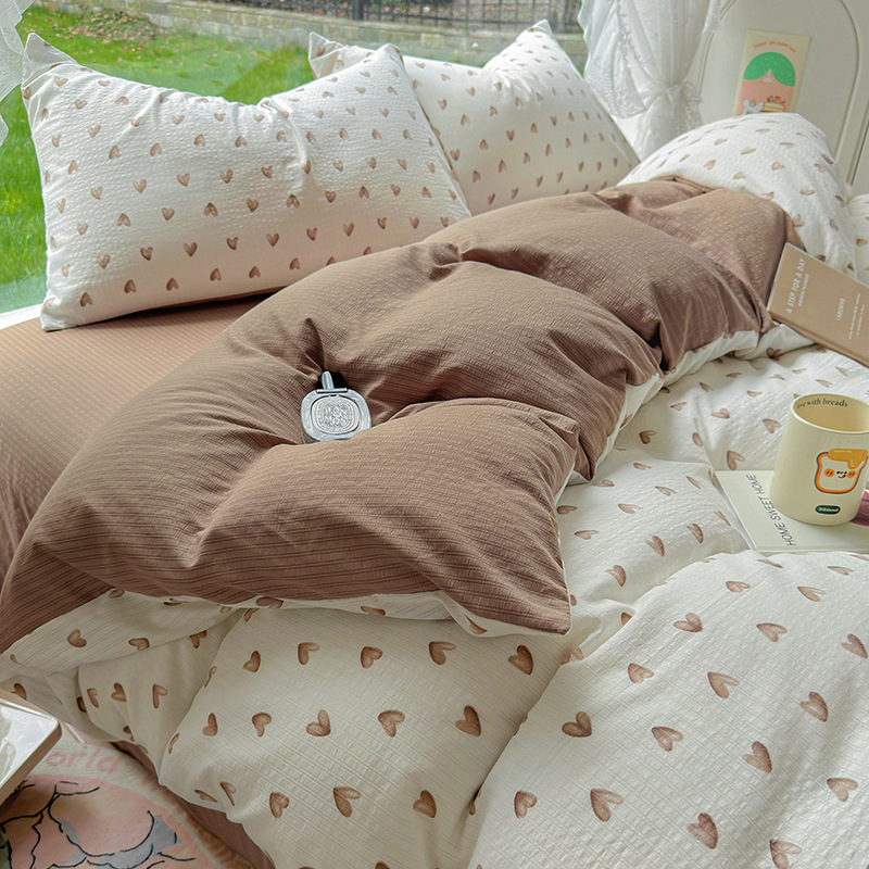Picture of Class A Maternal and Infant Grade Fresh Small Zhu Cotton Four-piece Set Washed Cotton Bed Sheet Quilt Cover Three-piece Set for Student Dormitory