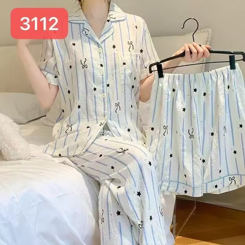 New Internet Celebrant Summer Women's Double Short Pants Three-piece Pajamas Cardigan Lapel Creative Cute Cartoon Cloud Cotton
