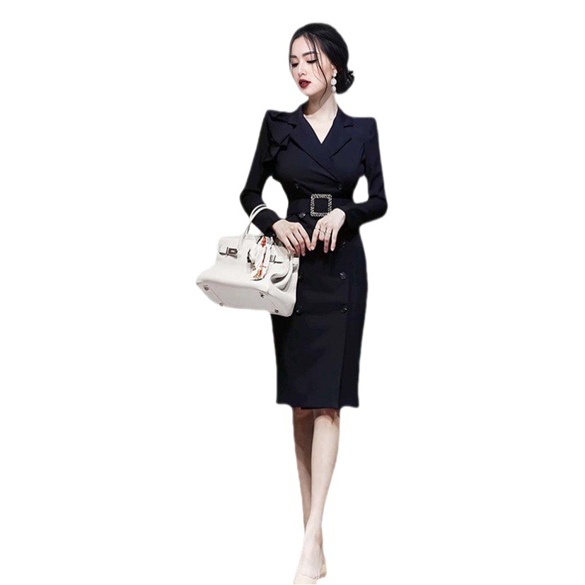 Hepburn style elegant temperament slimming suit collar professional hip skirt cross-border women's clothing autumn new fashion dress
