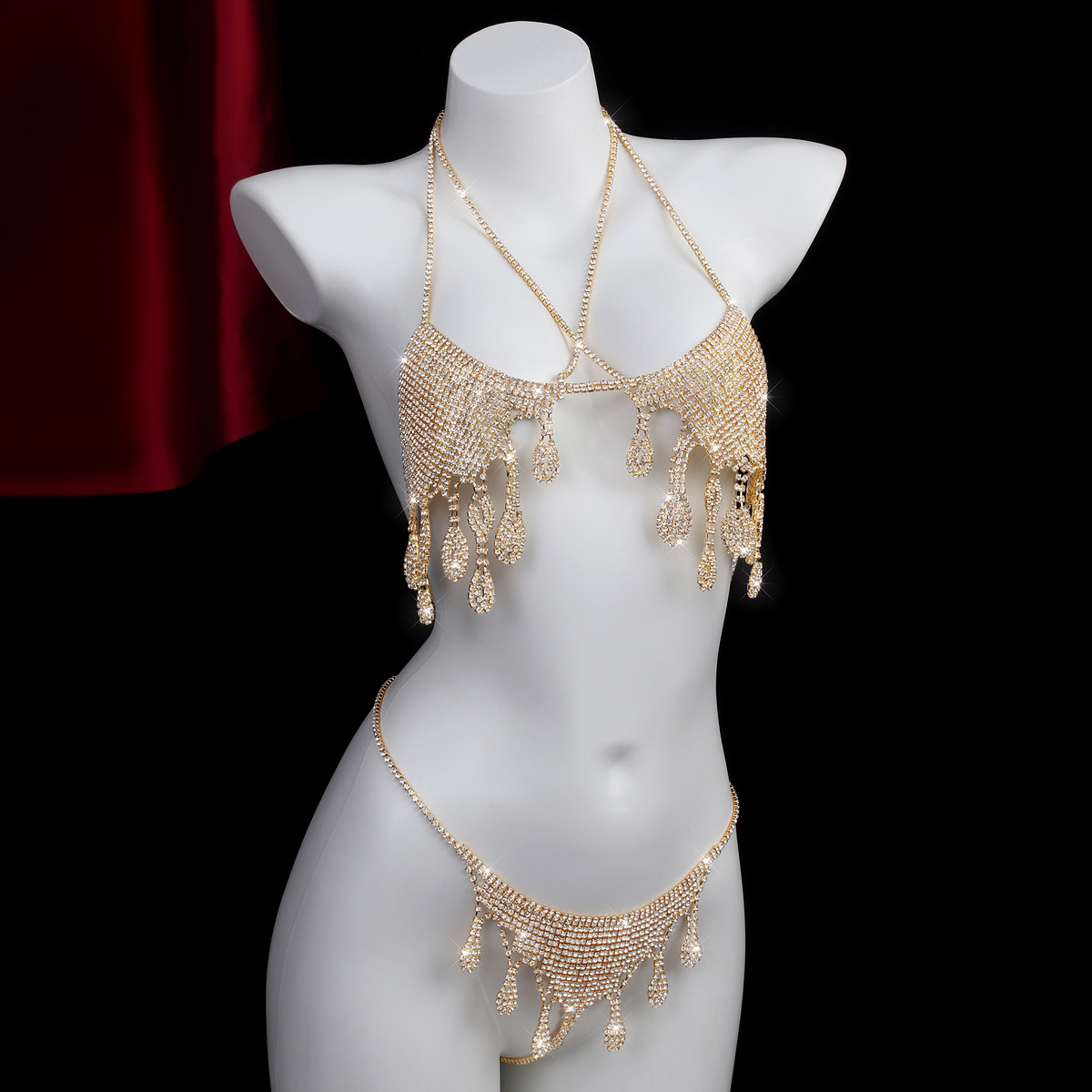European and American Light Luxury Full Diamond Bikini Sexy Body Chain Women's Nightclub Beach Rhinestone Thong Chest Chain Accessories