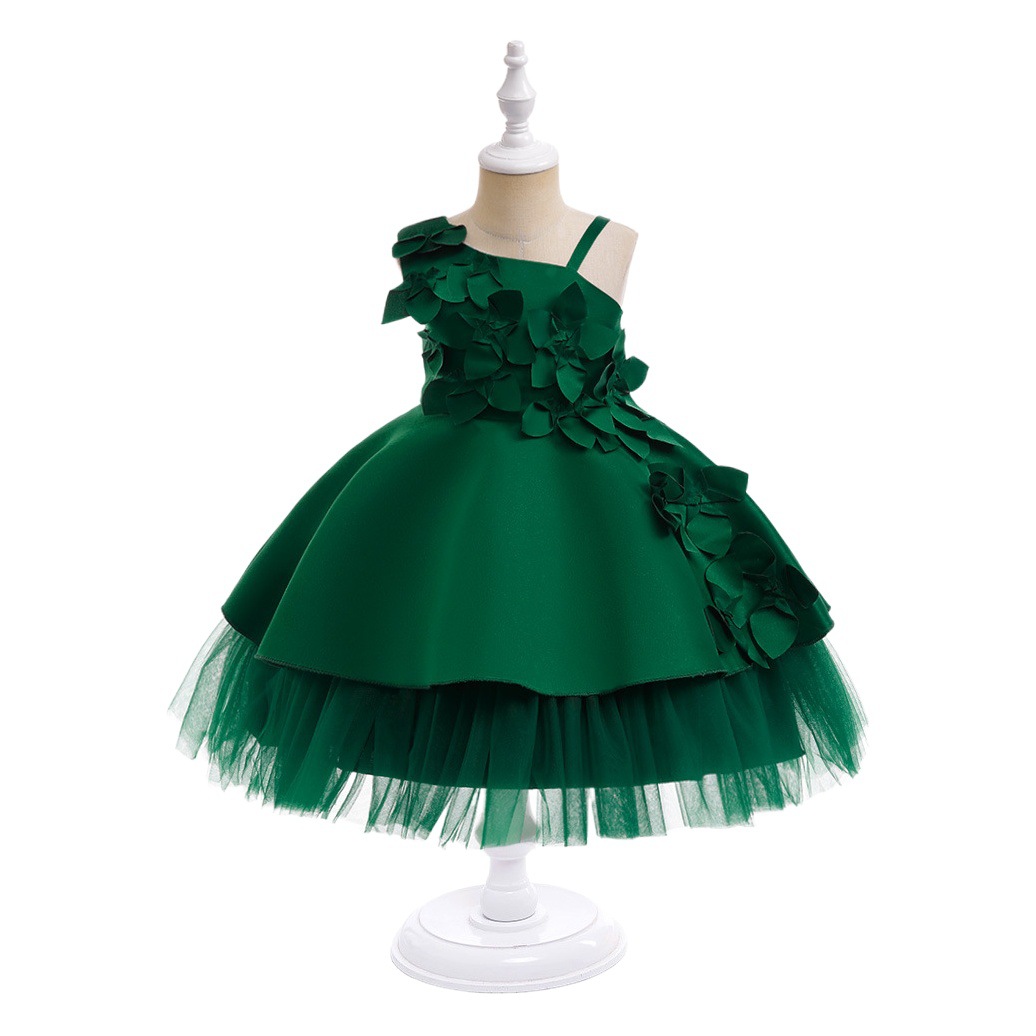 Children's dress Princess dress oblique shoulder flower fluffy yarn Little girl banquet party dress girl dress wholesale