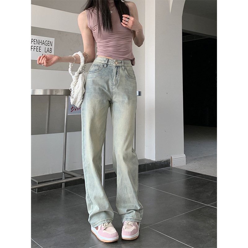 Light Blue High Waist Straight Jeans Loose Slimming All-match Design Feeling 2315 Long Pants