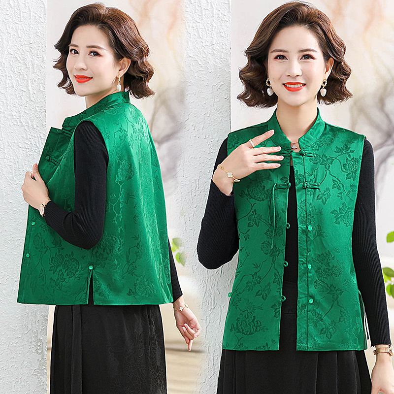 Picture of Chinese style satin jacquard vest Vest Women's Spring and Autumn New Stand Collar buckle retro vest short top