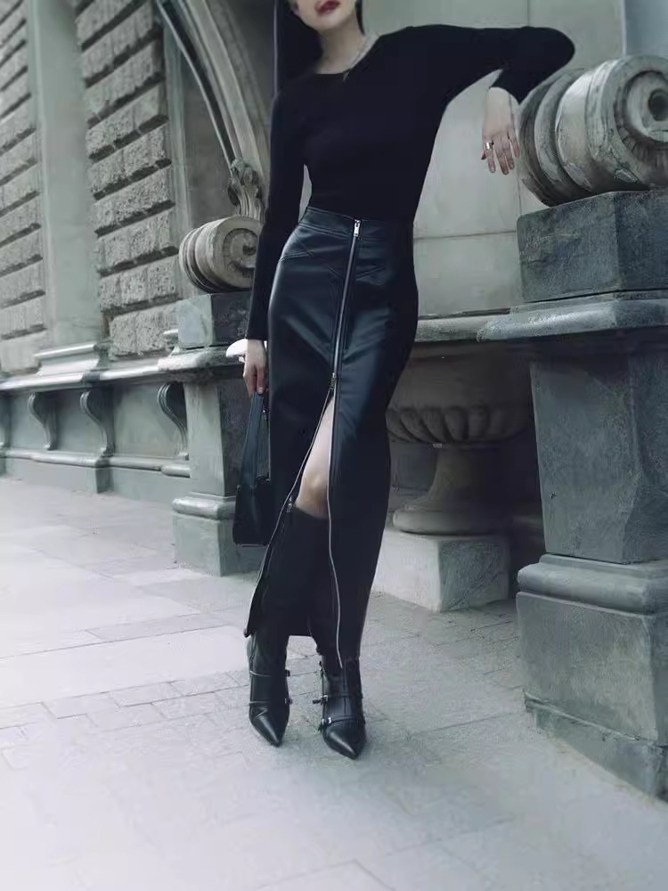 24 New Winter Products Sexy Elegant Pure Color Leather Zipper Design Slit Tight Skirt Double Open Scalp Skirt