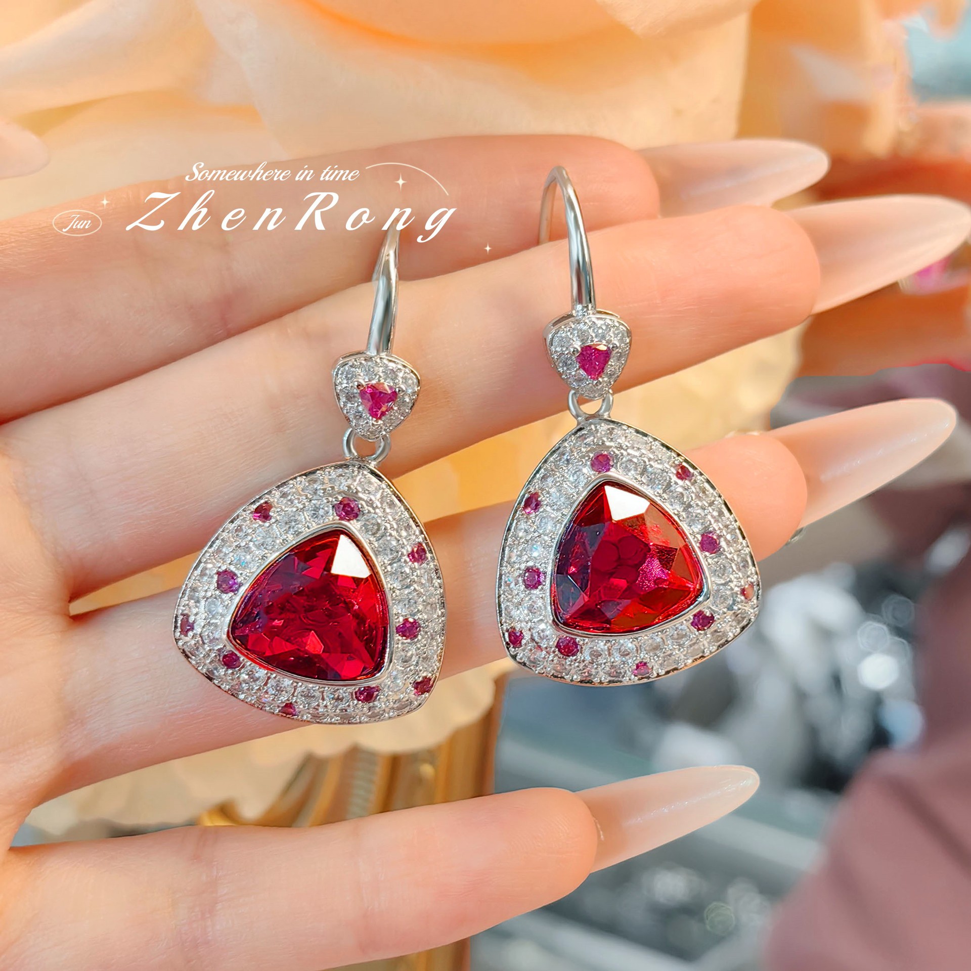 Picture of European and American socialite retro geometric fat triangle red diamond earrings artificial pigeon hemoglobin ring color treasure earrings suit