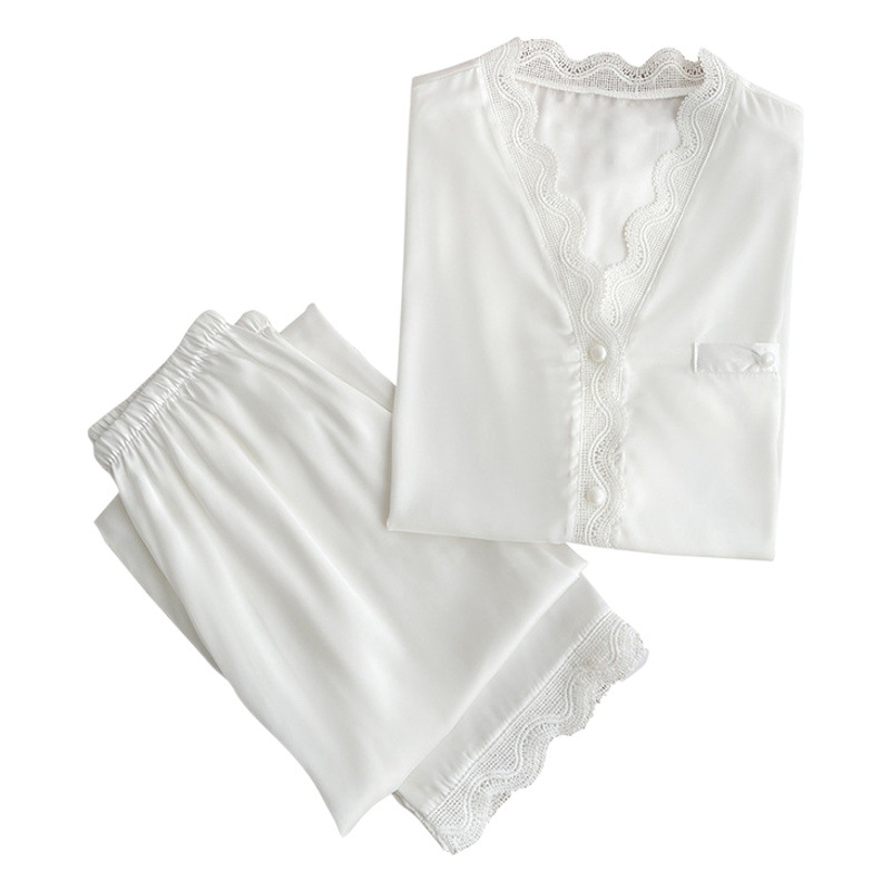 Ice Silk pajamas women's solid color lace home wear short-sleeved trousers Ice Silk skin-friendly two-piece set can be worn outside