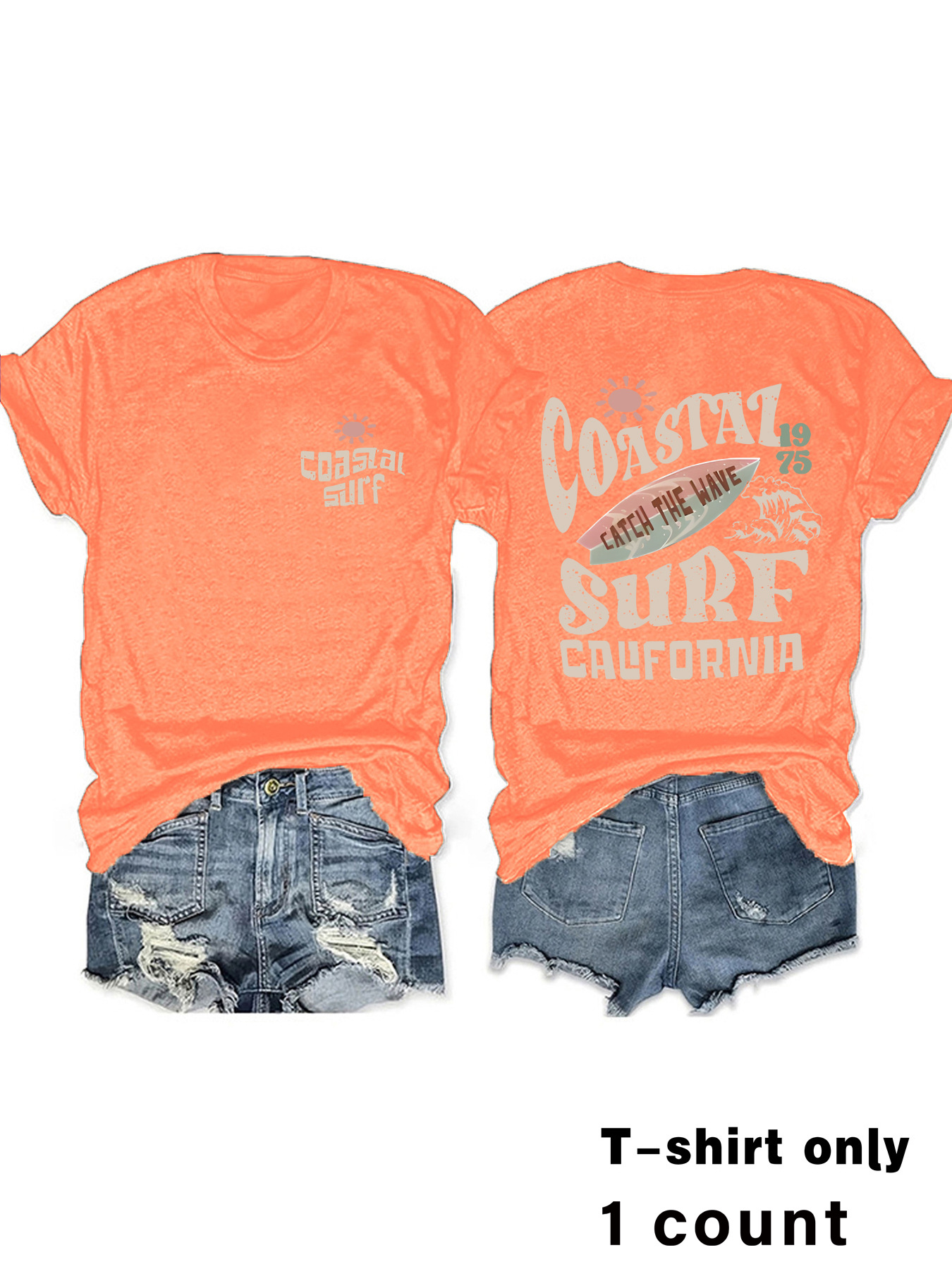 Picture of European and American Round Neck Vintage Coastal Surf Californiamatc Top Women's T-Shirt Loose Short Sleeves