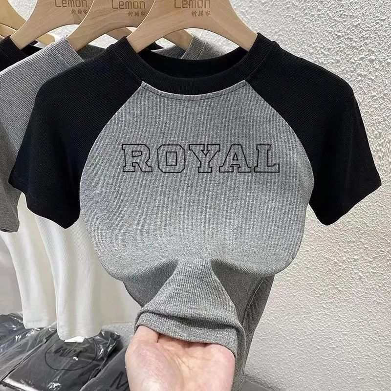 High-end Shoulder Short-sleeved T-shirt Women's Summer Korean-style New Design Sense Contrast Color Printing Slim-fit Unique Top