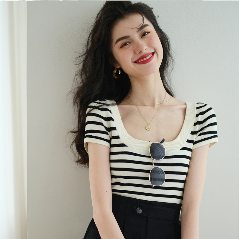 French large u collar black and white striped sweater short-sleeved T-shirt female summer ice silk bastion