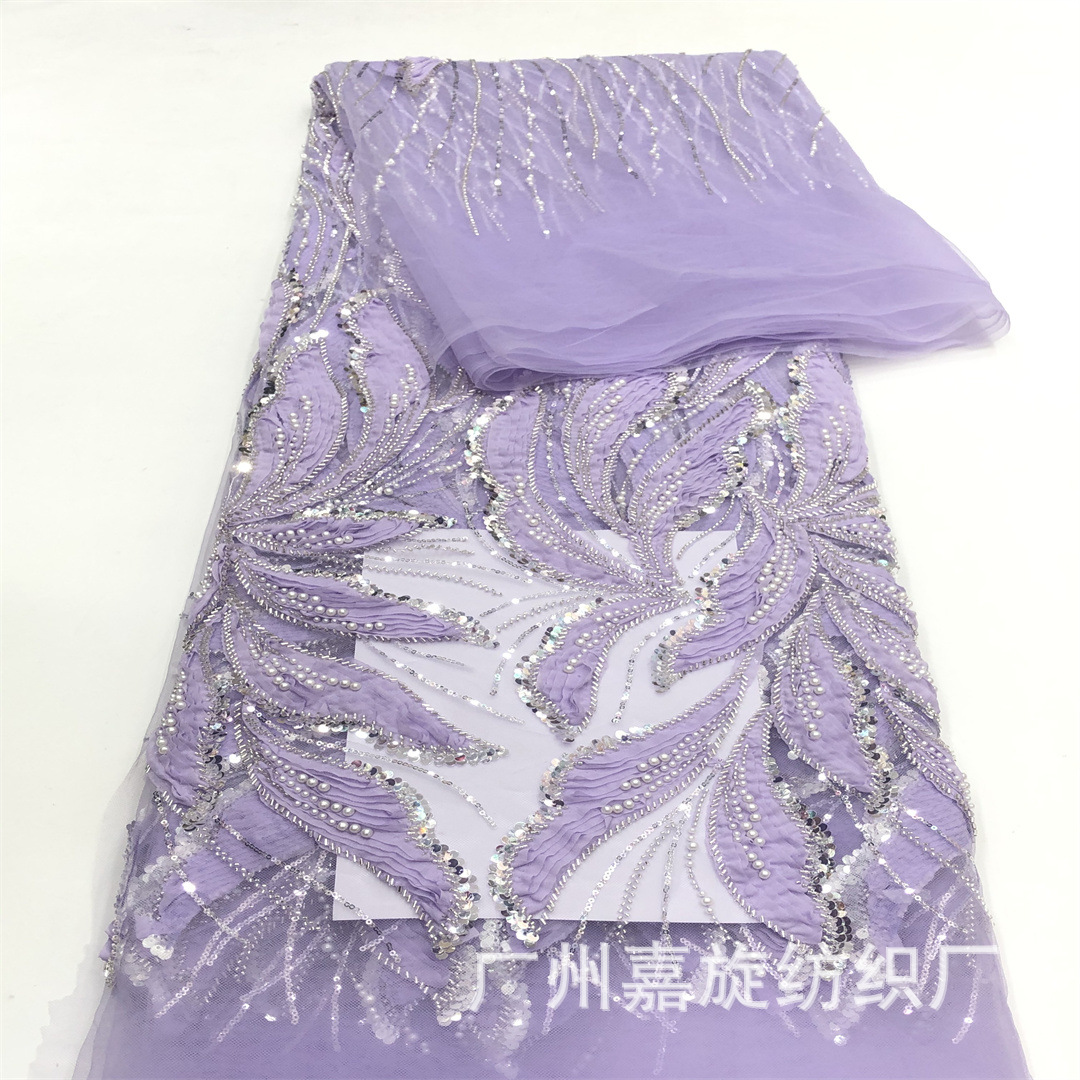 Purple positioning disc with flower stripes embroidered cloth sequin beads wedding dress fashion lace fabric