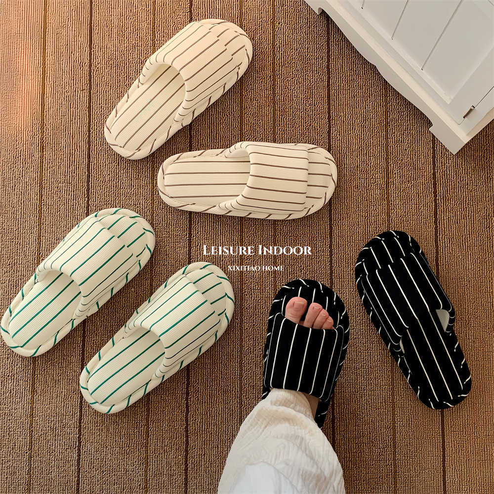 Ins Simple Stripesd Personalized Home Floor Shoes Japanese Style Cotton and Linen Soft Bottom All Year Round Universal Air-Conditioned Room Slippers for Women