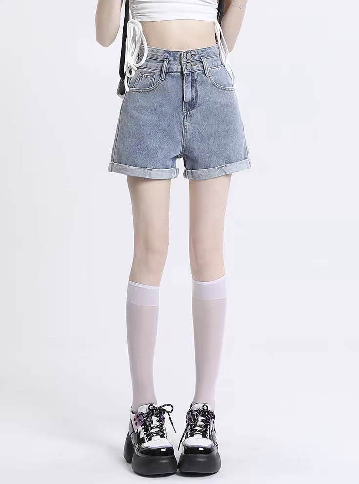Retro Double Button Curl High Waist Denim Shorts Women's 2024 Summer Small Loose Slim A- line Hot Pants Trendy