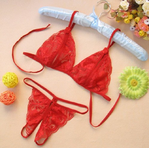 Picture of Sexy Lingerie Three-Point Open Breast-Exposing Bikini Lace Pajamas Set Thong Two-Piece Set Gift Delivery