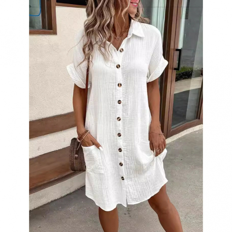 2025 Amazon European and American Cross-Border Casual Pure Color Single-Breasted Mid-Length Short-Sleeved Loose Casual Dress for Women