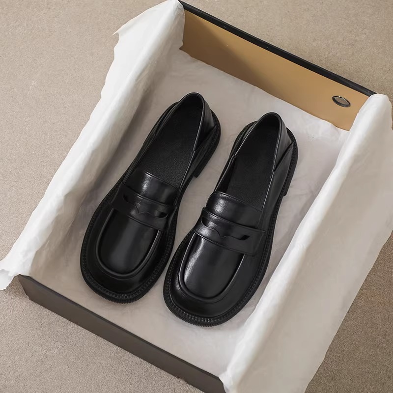 Black British Style Small Leather Shoes Women's 2024 Spring and Autumn New Soft Leather Flat Jk Single Shoes College One Pedal Loafers