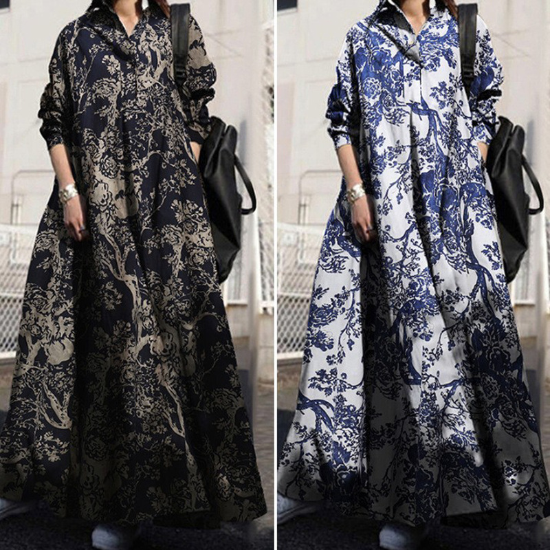 plus size Women's Clothing Amazon Autumn Printed Cotton Linen dress Vintage Ethnic Style Clothes Loose Long Sleeve Large Swing Dress