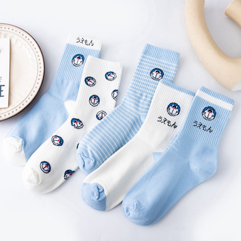 Japanese Style New Women's Socks Cartoon Elastic Mid-Tube Sports Women's Socks Blue Trendy Socks Cute Cartoon Socks Casual