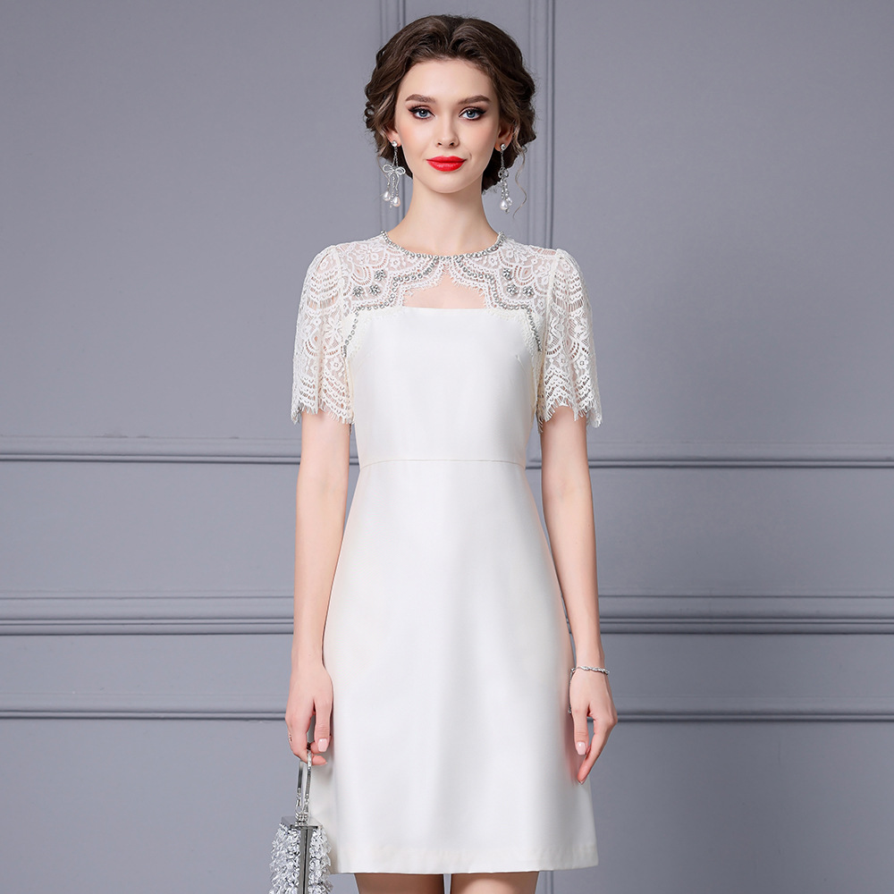 Picture of Zhili noble and elegant temperament dress heavy industry nail drill lace stitching short sleeve high waist A- line skirt summer women