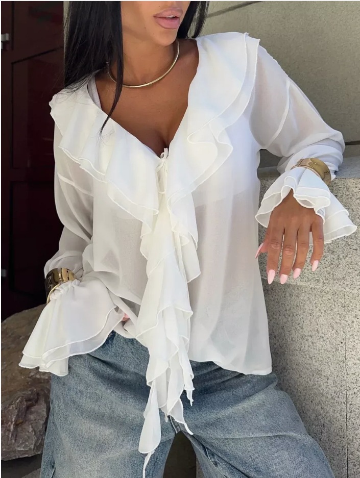 Picture of Spring European and American Style Cross-Border Women's New Fashion Ruffled Bell Sleeves V Neck Lace-Up Cross-Border Shirts for Women