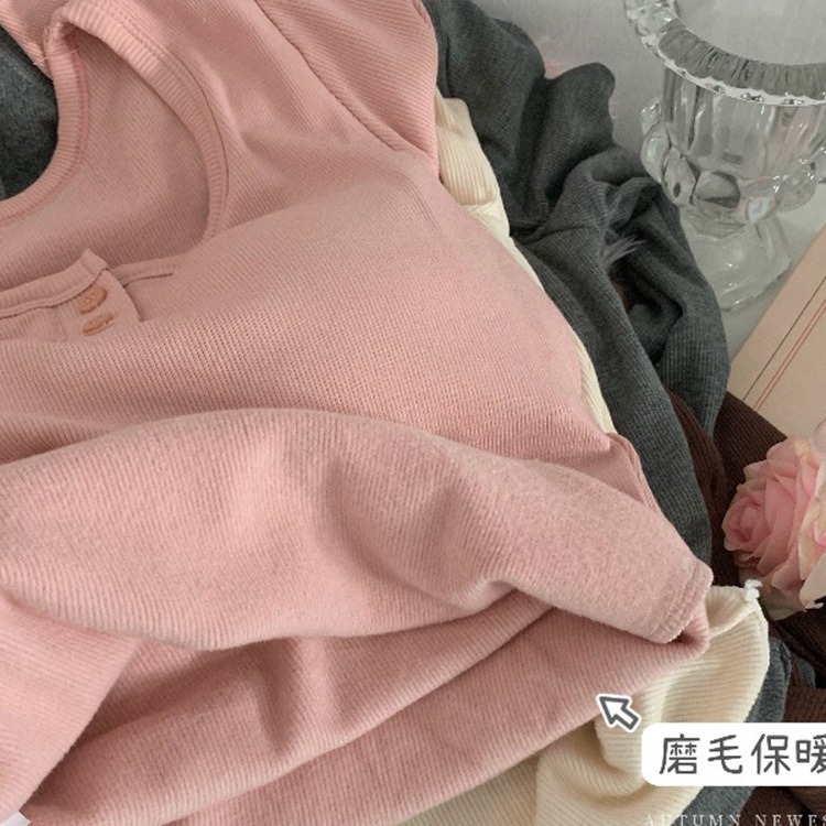 Picture of Velvet Pink Base Shirt Square Collar Shoulder fleece-lined T-shirt Women's Autumn and Winter Slim-fit Warm-keeping Short Long-sleeved Inner Top