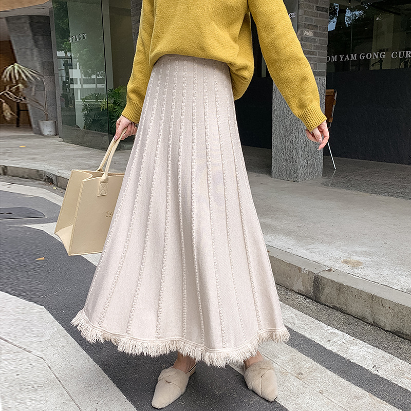 Thickened Knitted Skirt Women's Mid-Length Skirt Autumn and Winter New Korean Style Pure Color A-Line Skirt Tassel Large Hem Skirt