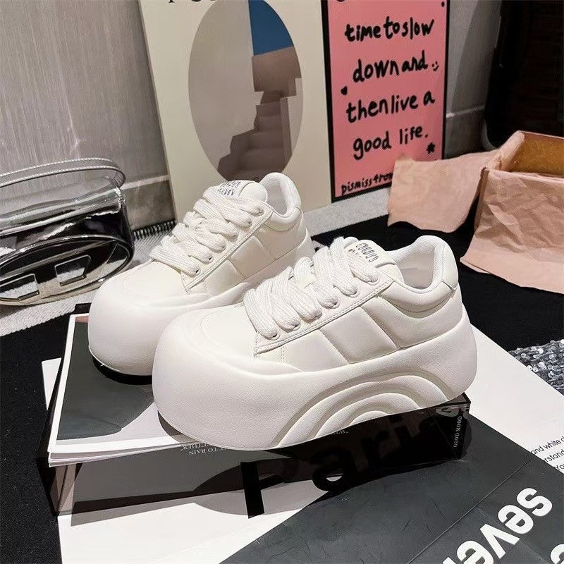 Thick-Soled Sponge Cake Heightening Sports Big-Headed Bread White Shoes for Women 2025 Spring and Autum New Popular Casual Sneakers