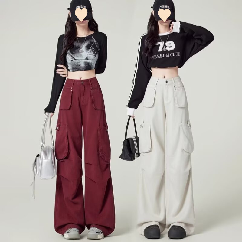 American Style Angora Red Dyeing Caudo Pants Autumn New Hong Kong Style High Waist Multi-Pocket Loose Wide Leg Jeans for Women