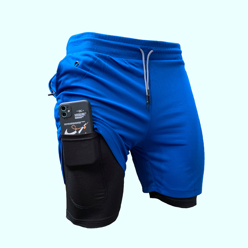 Cross-border New Men's Running Double-layer Grid Quick-drying Pants Sports Leisure Fitness Jogging Mobile Phone Shorts