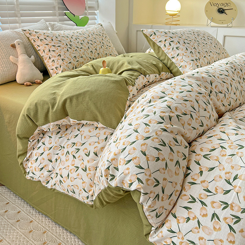 Picture of Class A Maternal and Infant Grade Fresh Small Zhu Cotton Four-piece Set Washed Cotton Bed Sheet Quilt Cover Three-piece Set for Student Dormitory